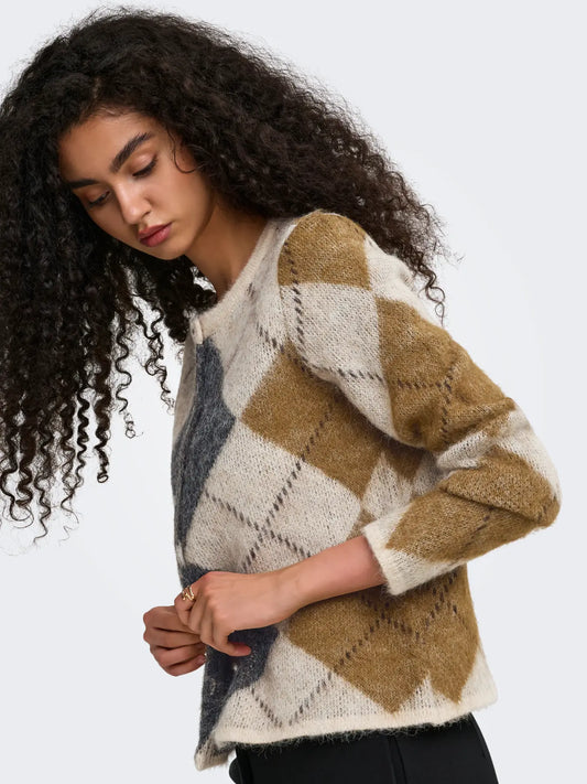 ONLY Argyle Cardigan in Oatmeal