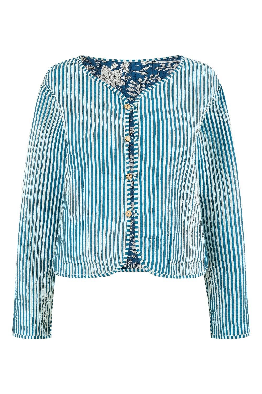 Yumi Blue Patchwork Print Reversible Cotton Quilted Jacket