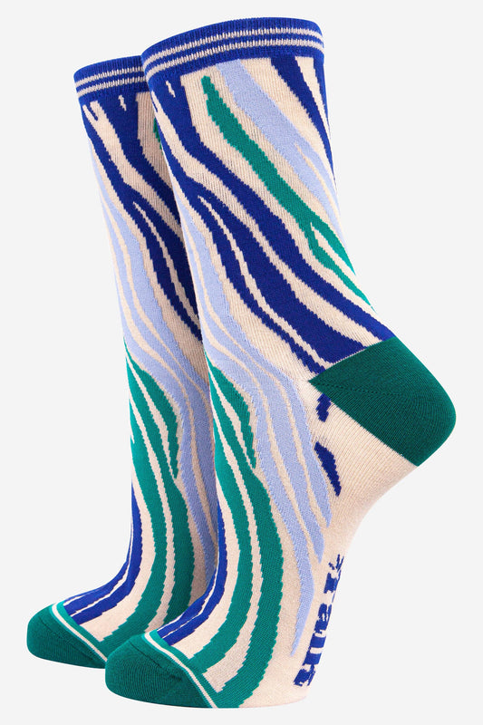 Zebra Print Bamboo Socks in Green Blue
