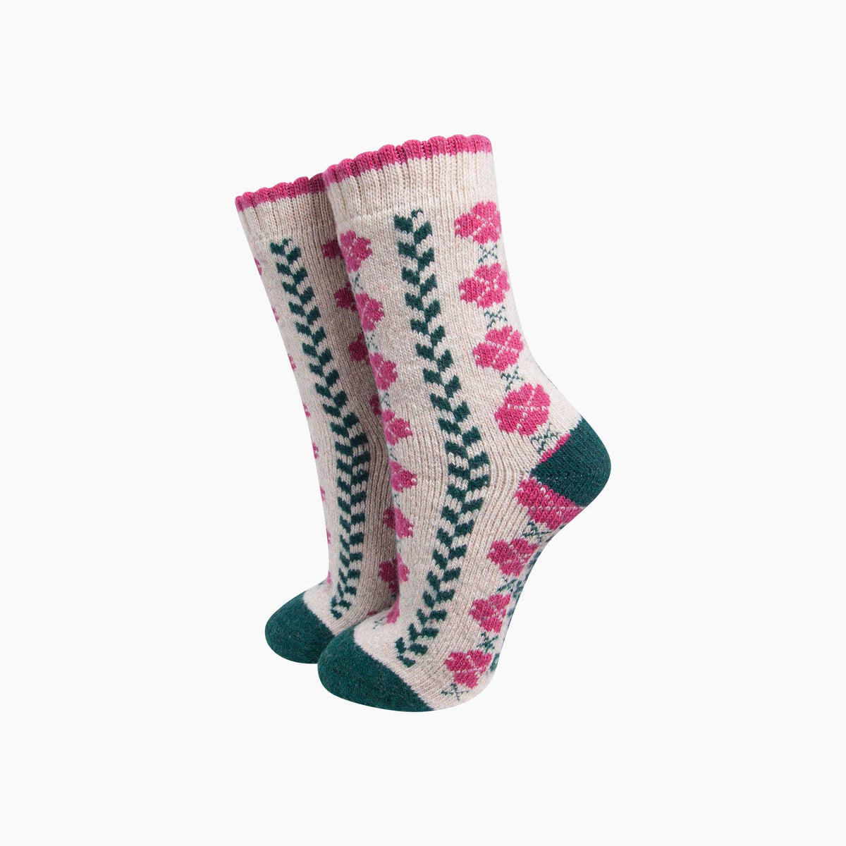 Thick Floral Wool Blend Socks in Ecru (3-7)