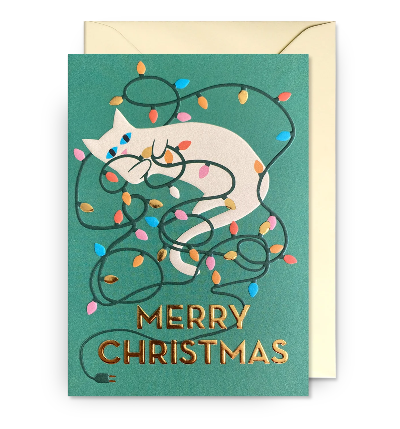 Merry Christmas Cat with Festive Lights Card