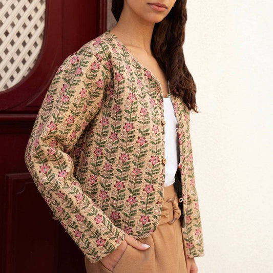 Yumi Antique Floral Print Reversible Cotton Cropped Quilted Jacket