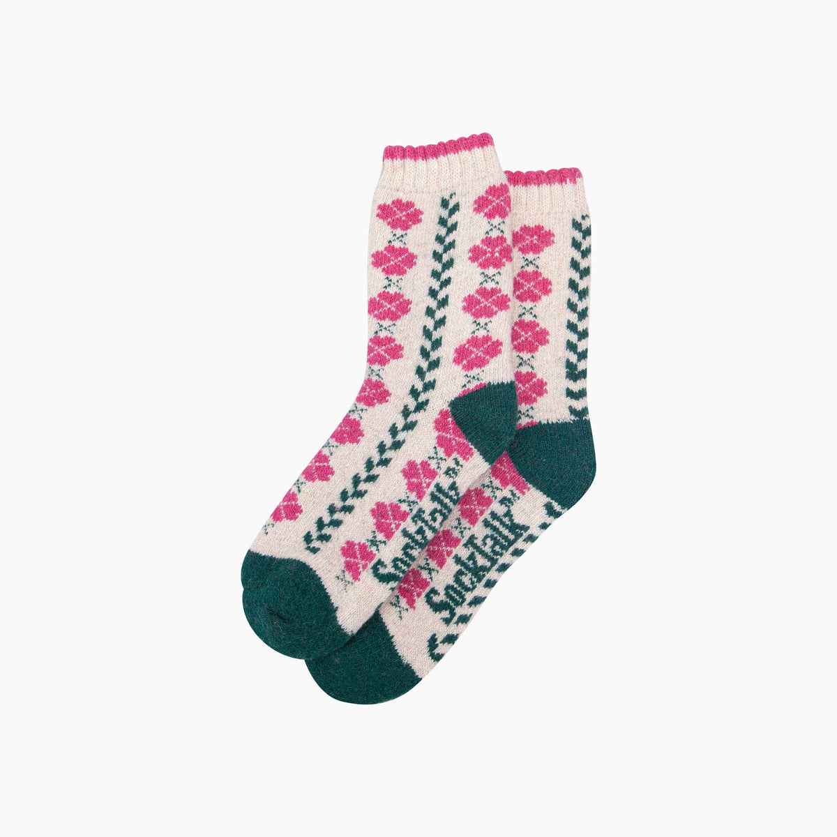Thick Floral Wool Blend Socks in Ecru (3-7)