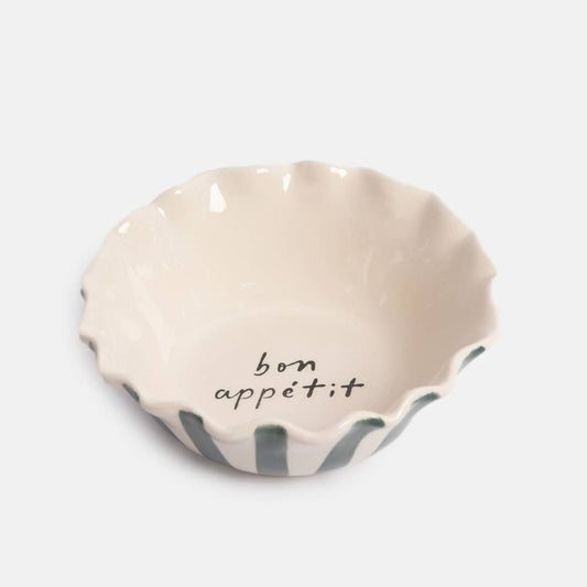 Teal Stripe 'Bon Appetit' Frilly Bowl