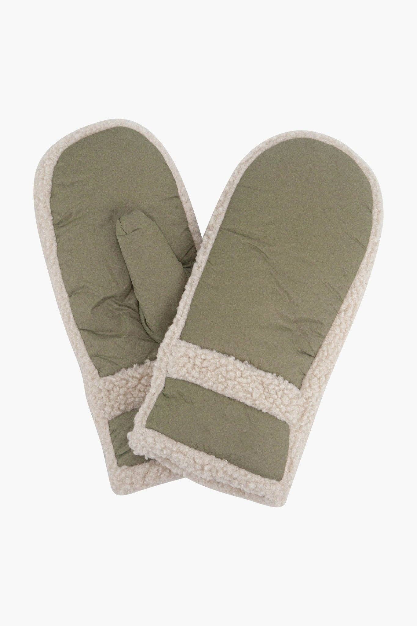 Orla Olive Borg Trim Mittens