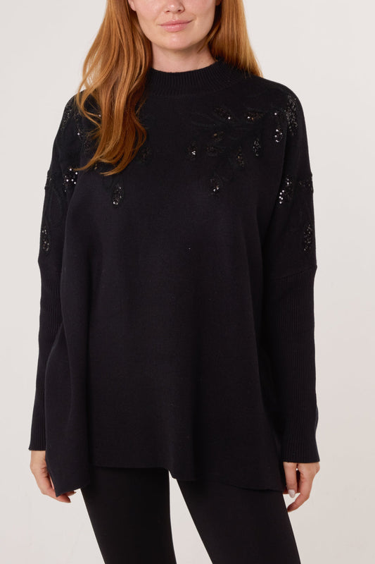 Embellished Botanical Funnel Neck Jumper