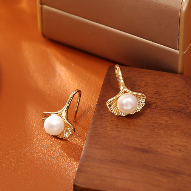 WHITE LEAF 18ct Plated Gold Gingko Leaf Drop Earrings with Fresh Water Pearl