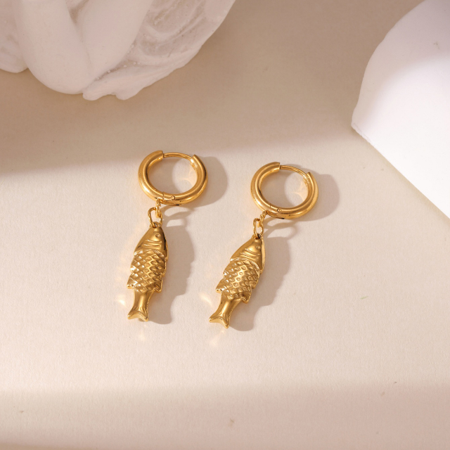 WHITE LEAF 18ct Plated Gold Fish Pendant Huggie Hoops