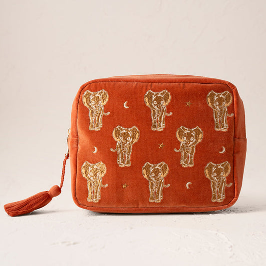 Golden Elephants Wash Bag in Rust