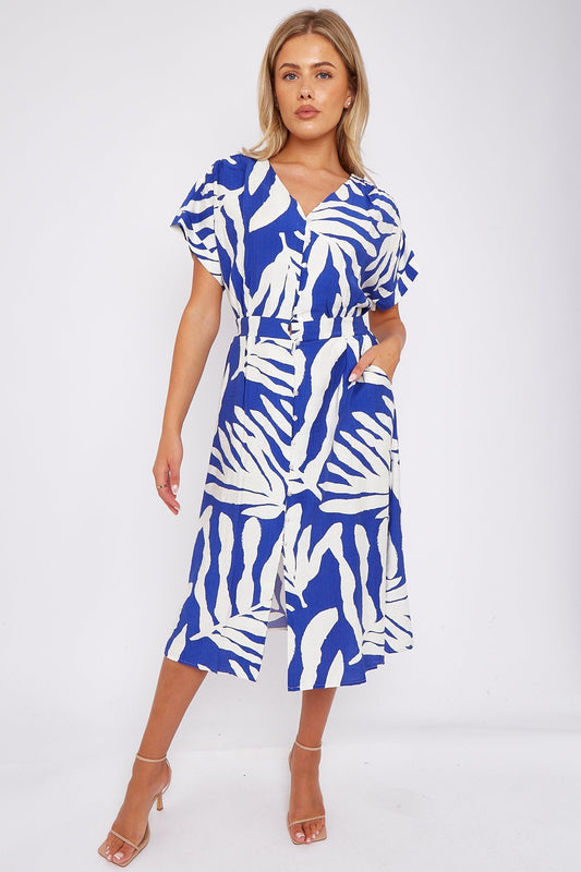Cobalt Leaf Print Short Sleeve V Neck Midi Dress