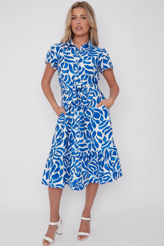 Cobalt Printed Frilled Hem Midi Dress