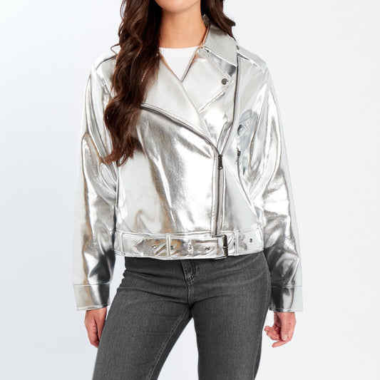Stevie Metallic Silver Biker Jacket