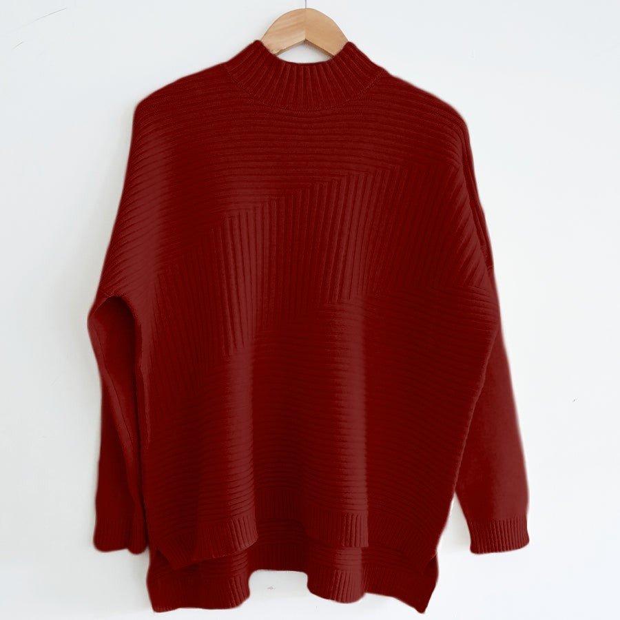 Ribbed Funnel Neck Jumper in Wine