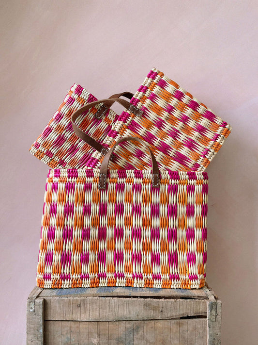 Bohemia Small Chequered Reed Basket - Pink & Orange