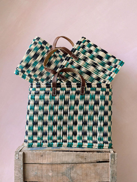 Bohemia Large Chequered Reed Basket - Indigo & green