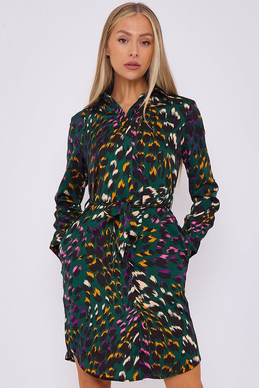 Emerald Animal Print Satin Mini Shirt Dress