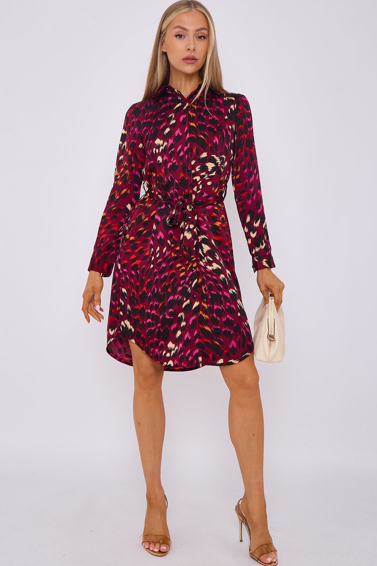 Deep Fuchsia Animal Print Satin Mini Shirt Dress