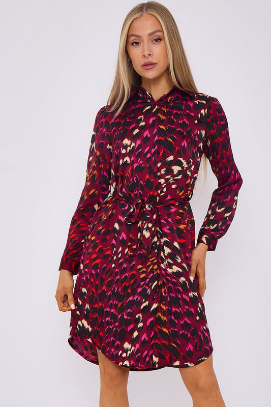 Deep Fuchsia Animal Print Satin Mini Shirt Dress