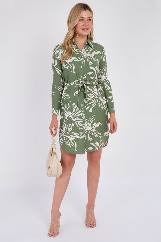 Khaki Floral Mini Shirt Dress