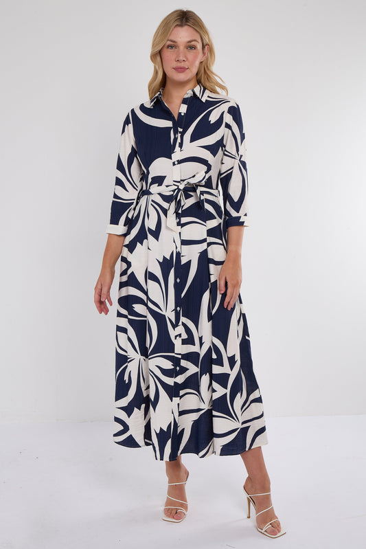 Navy Abstract Floral Midi Shirt Dress