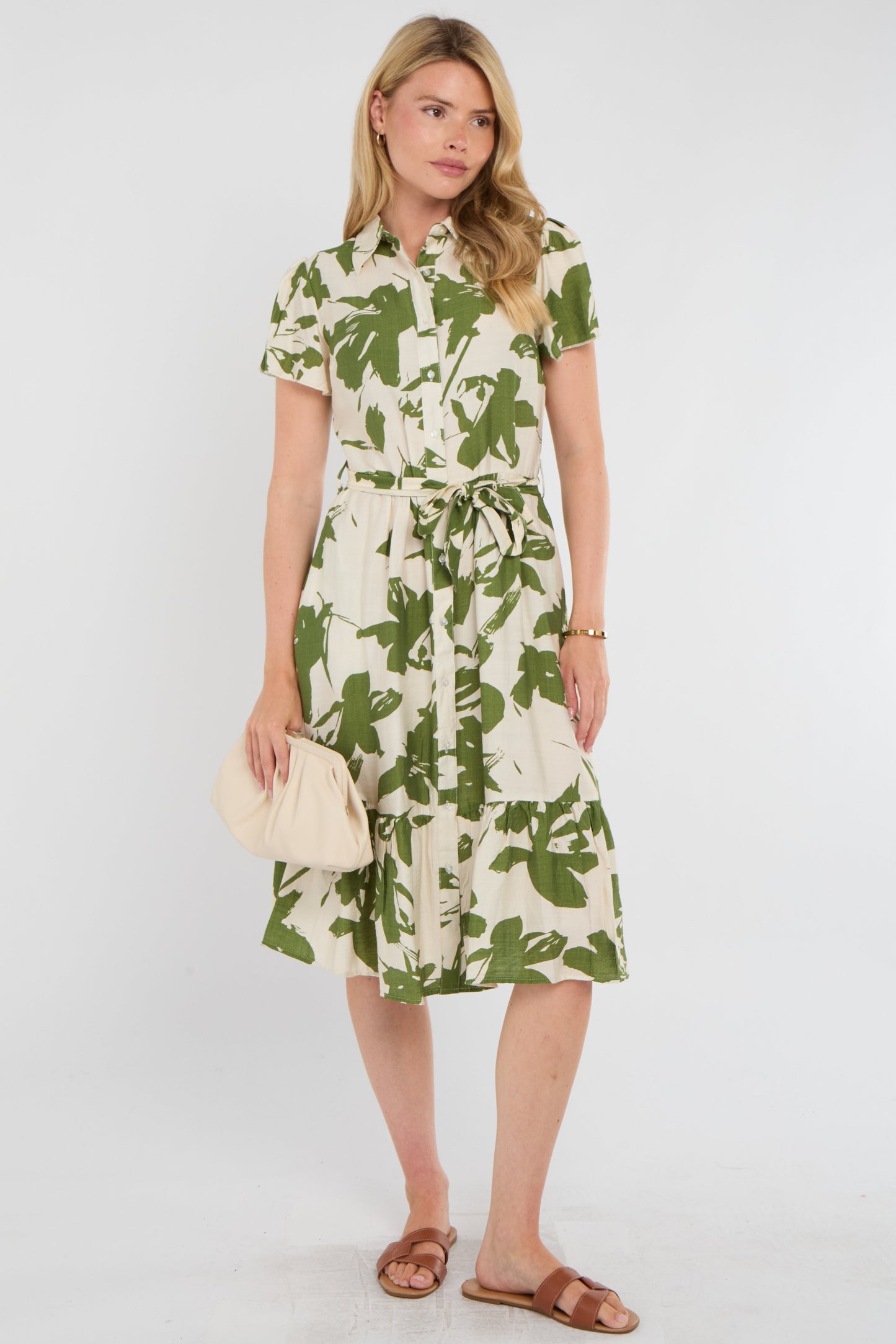 Olive Botanical Midi Shirt Dress