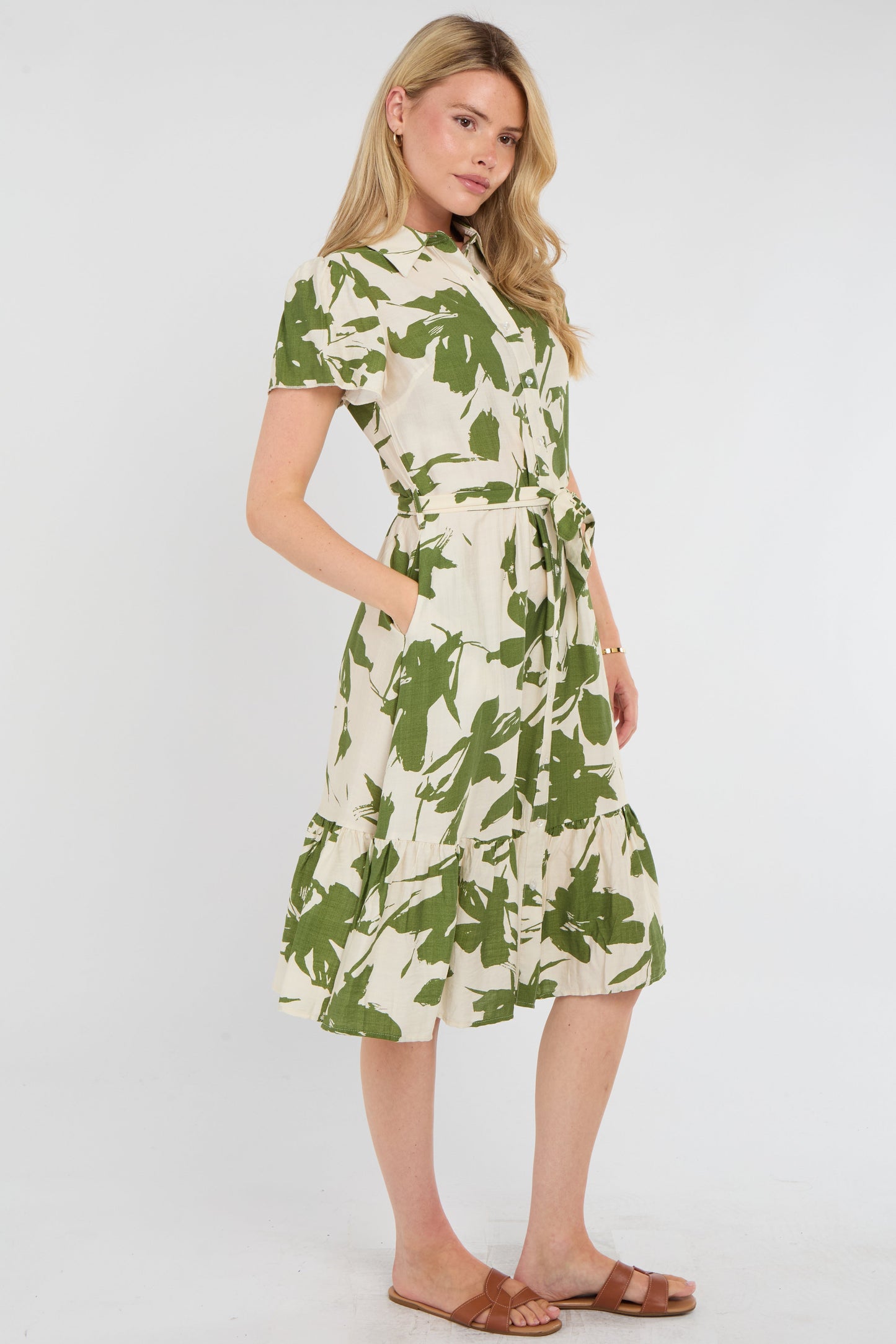 Olive Botanical Midi Shirt Dress