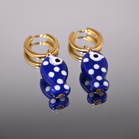 LAST TRUE ANGEL 18ct Plated Gold Huggie Hoops with Ceramic Spotted Fish