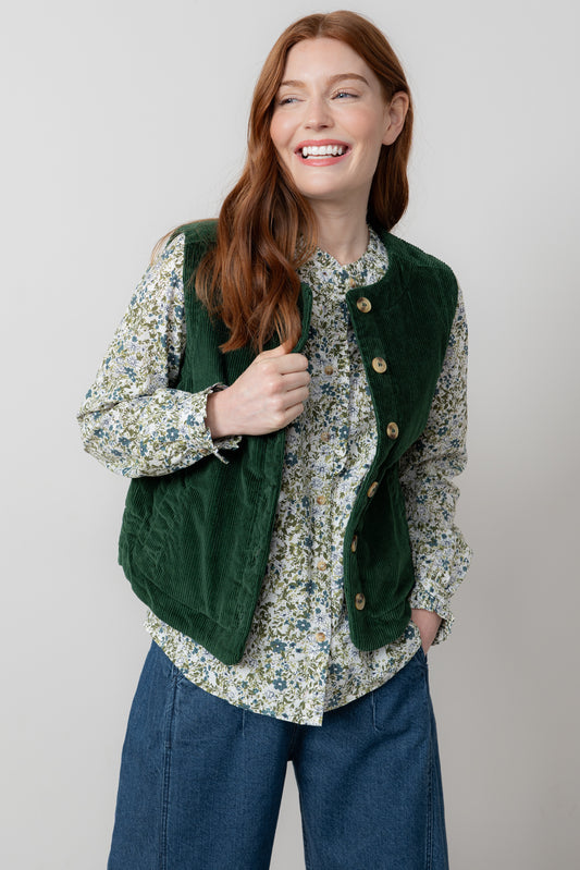 Lily & Me Dusk Jumbo Cord Gilet Pine Green