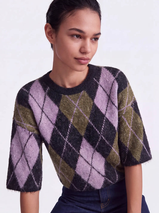ONLY Argyle Boxy Jumper in Black/Violet Mix