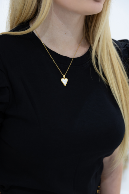 WHITE LEAF 18ct Plated Gold Mother of Pearl Heart Necklace