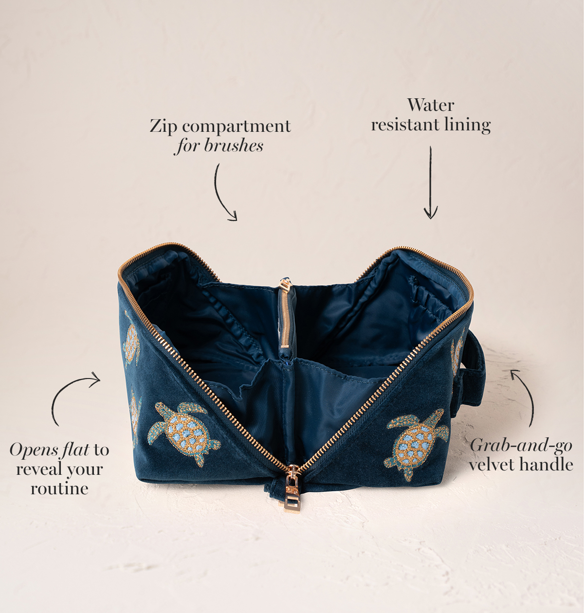 Turtle Conservation Open Flat Makeup Bag in Marine Navy