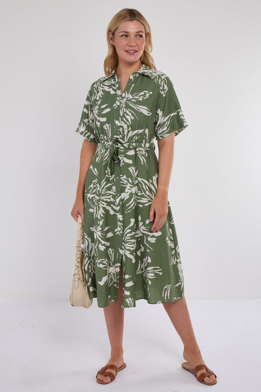 Khaki Abstract Floral Print Midi Shirt Dress