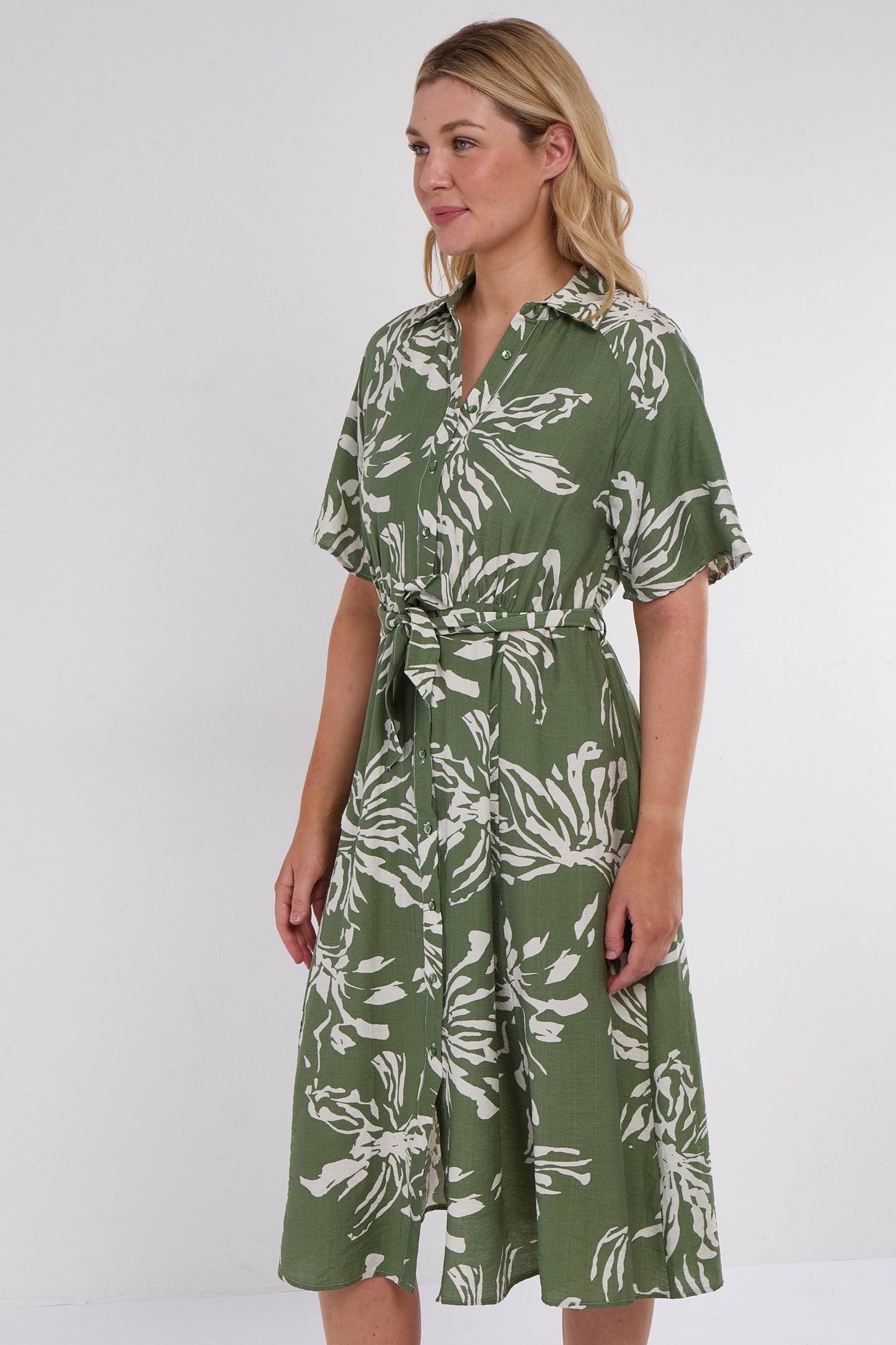 Khaki Abstract Floral Print Midi Shirt Dress