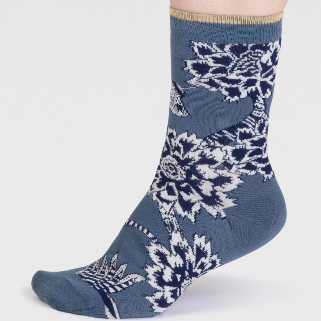 Thought Freja Organic Cotton Floral Socks in Blue