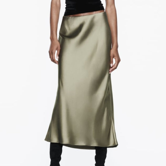 Oyster Sage Bias Cut Satin Skirt