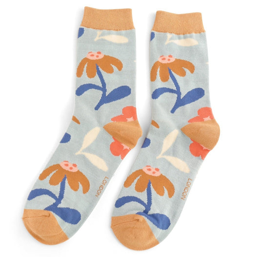 Retro Floral Bamboo Socks in Sky