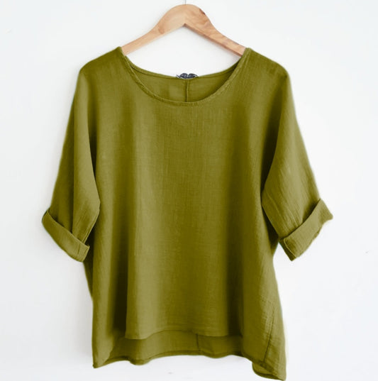 Cropped Linen Top in Moss