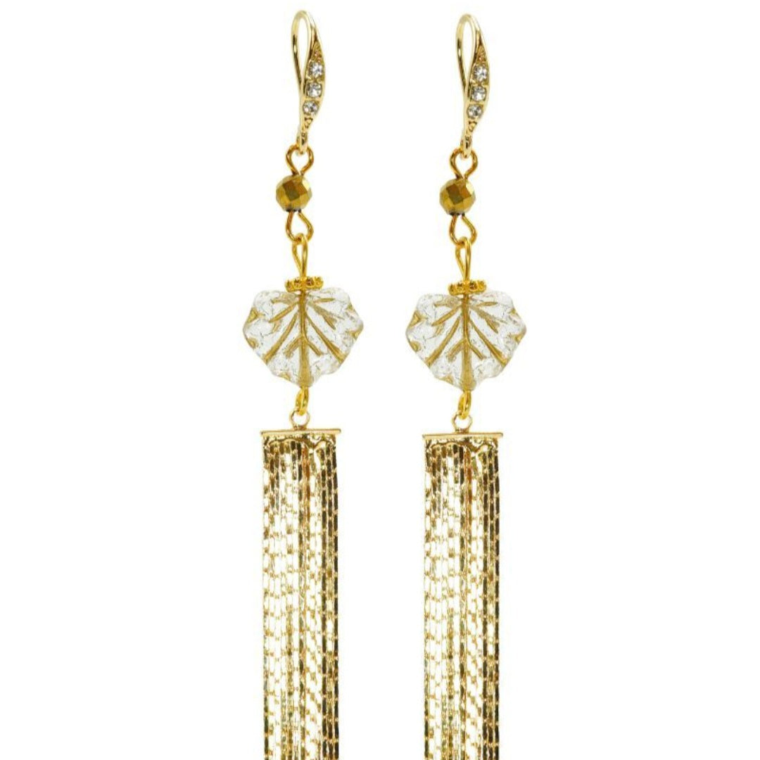 Gold & Pyrite Gemstone Maple Leaf Tassel Earrings