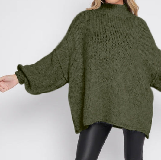 Balloon Sleeve Mohair Jumper in Khaki