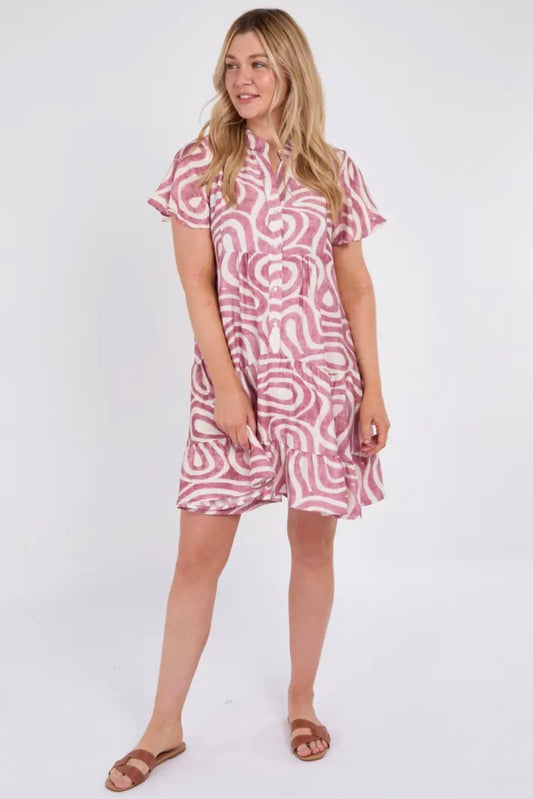 Mauve Twirl Print Short Sleeve Flared Mini Dress
