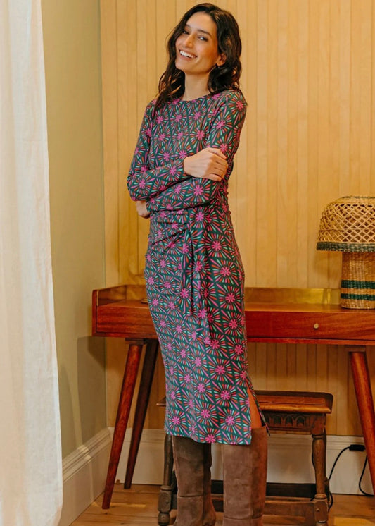 Sugarhill Brighton Claudia Multi Flower Explosion Jersey Tie Midi Dress