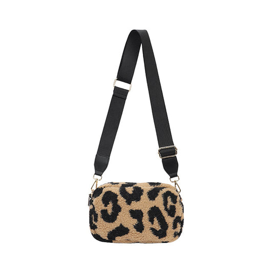 Fleece Cross Body Bag in Leopard - Camel & Black