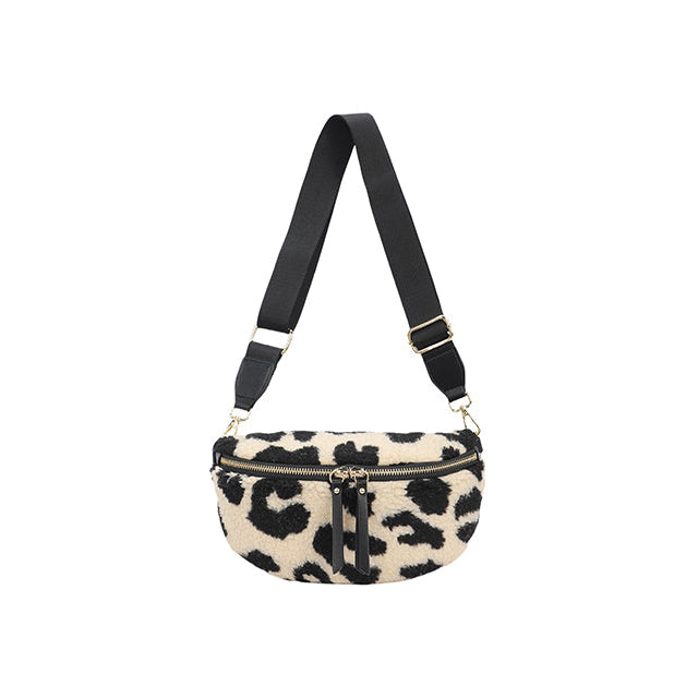 Fleece Cross Body Bum Bag in Leopard - Cream & Black