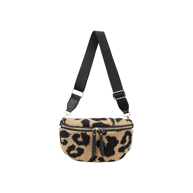 Fleece Cross Body Bum Bag in Leopard - Camel & Black