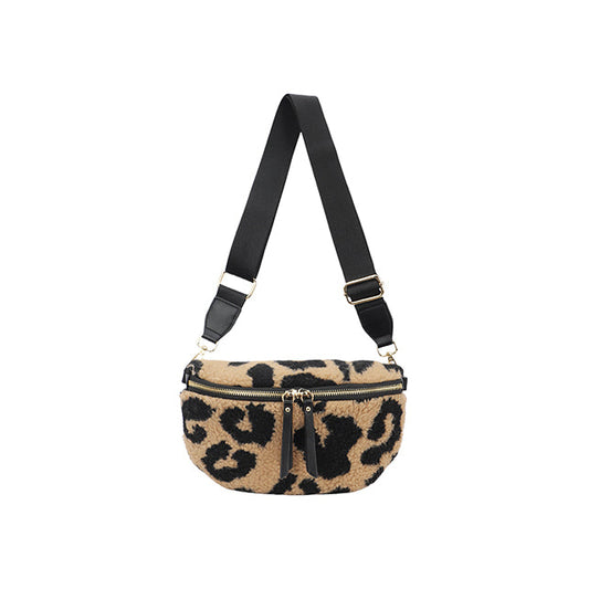 Fleece Cross Body Bum Bag in Leopard - Camel & Black
