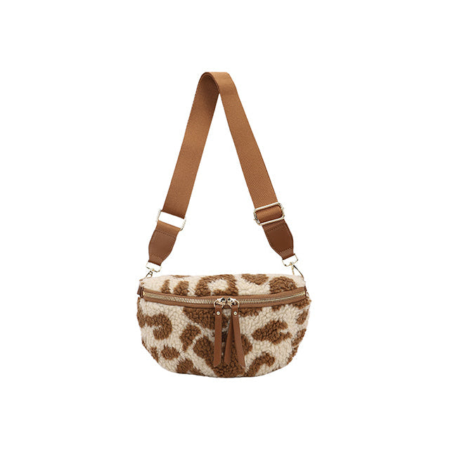 Fleece Cross Body Bum Bag in Leopard - Cream & Tan