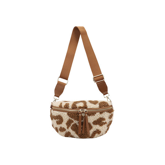 Fleece Cross Body Bum Bag in Leopard - Cream & Tan