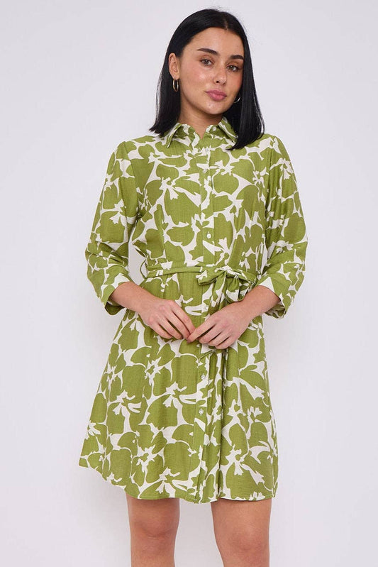 Olive Floral Print Belted Mini Shirt Dress