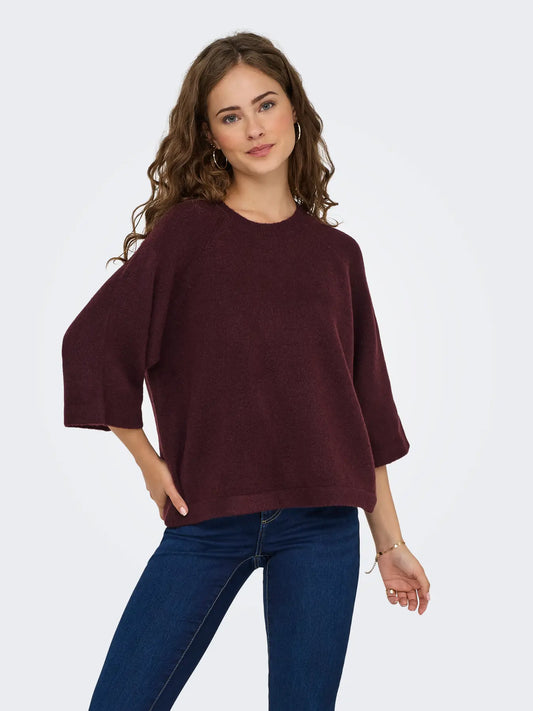 ONLY Simoni Boxy 3/4 Knit in Port Wine