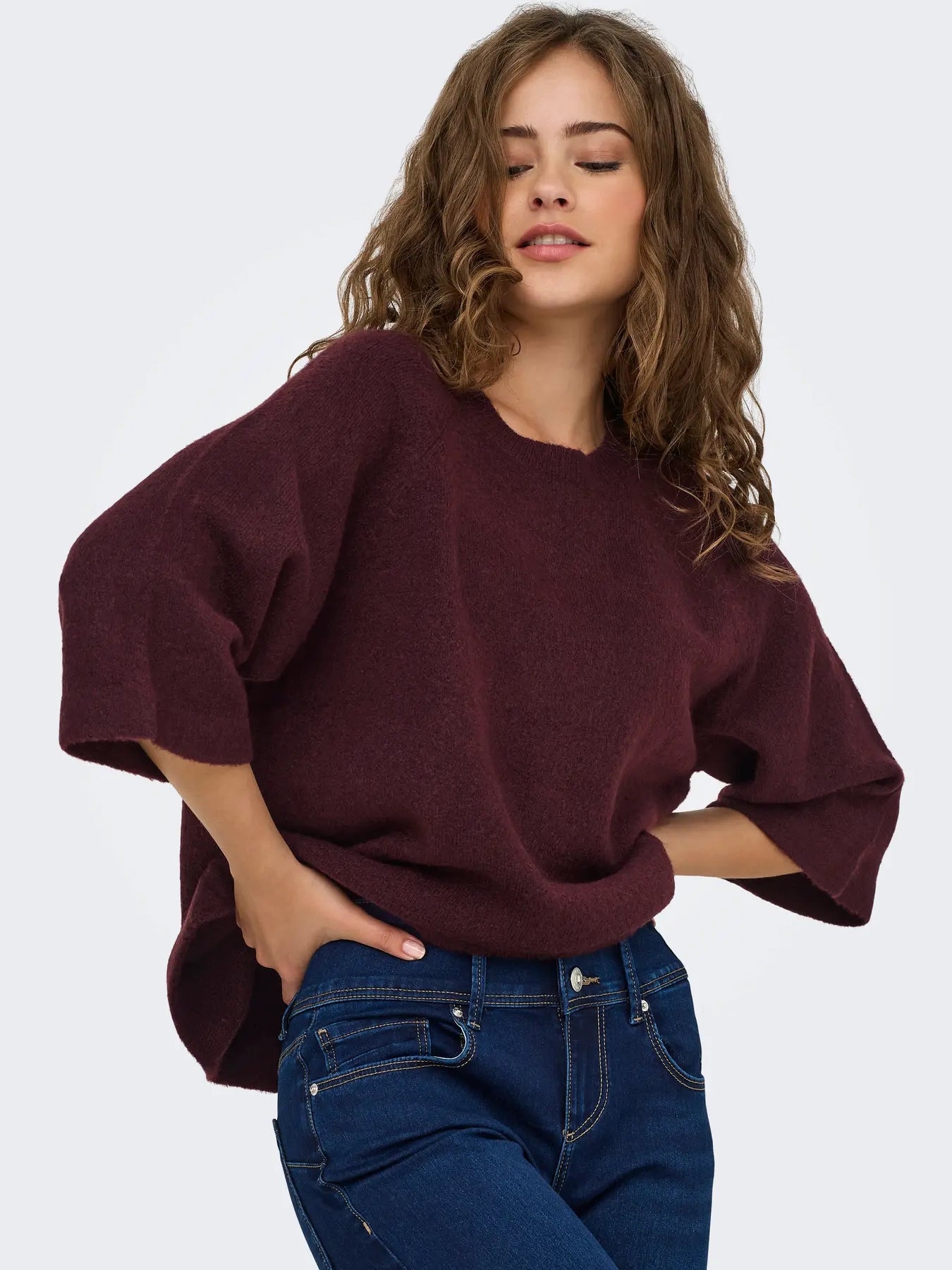 ONLY Simoni Boxy 3/4 Knit in Port Wine